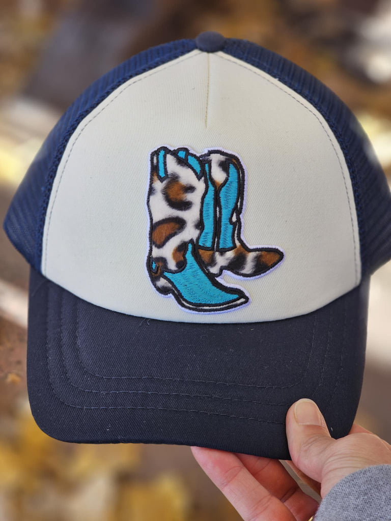 Teal And Leopard Boot Patch Navy Trucker Hat patch trucker hat The Cinchy Cowgirl