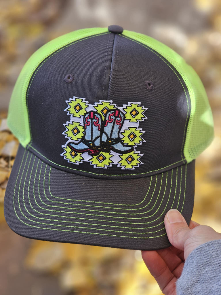 Neon Aztec Boots Trucker Hat patch trucker hat The Cinchy Cowgirl