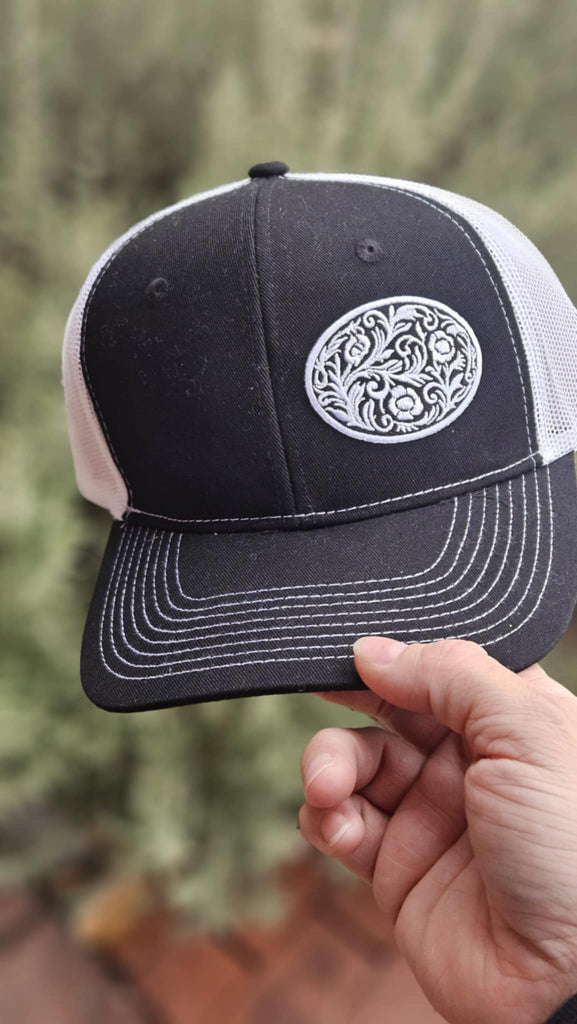 Black And White Concho Patch Black And White Trucker Hat patch trucker hat The Cinchy Cowgirl