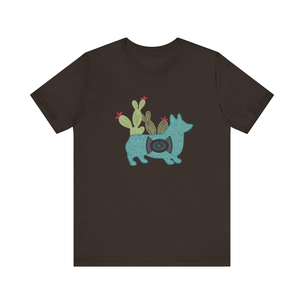 Turquoise Cactus Corgi Short Sleeve Graphic Tee [Multiple Colors] T-Shirt Printify Brown XS