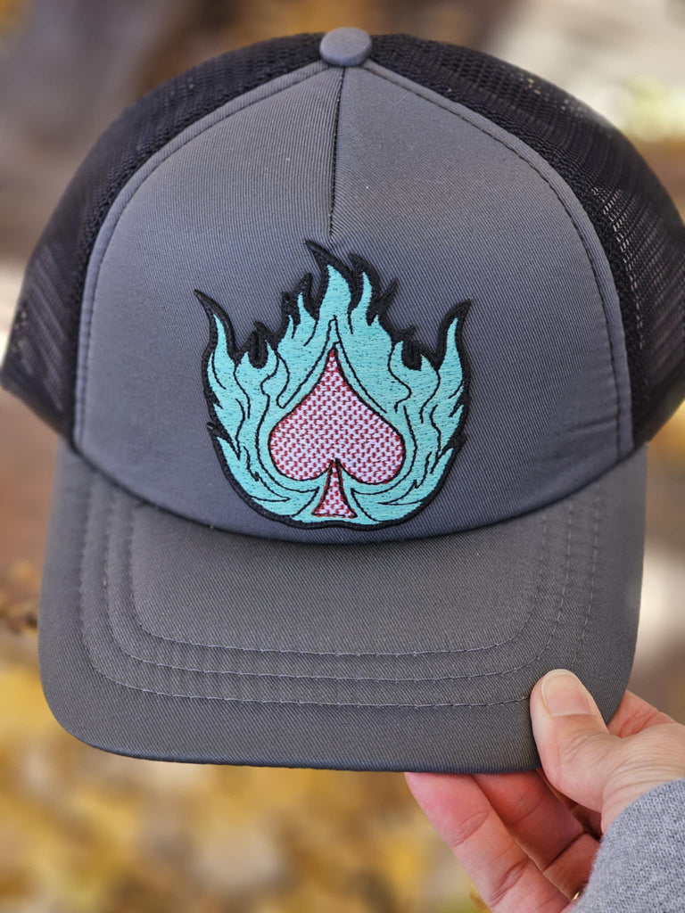 Flaming Spade Patch Grey And Black Trucker Hat patch trucker hat The Cinchy Cowgirl