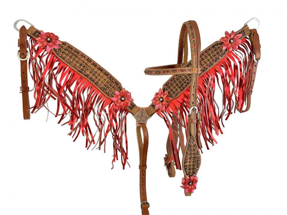 Painted Red Floral Fringe Headstall Set headstall set Shiloh   