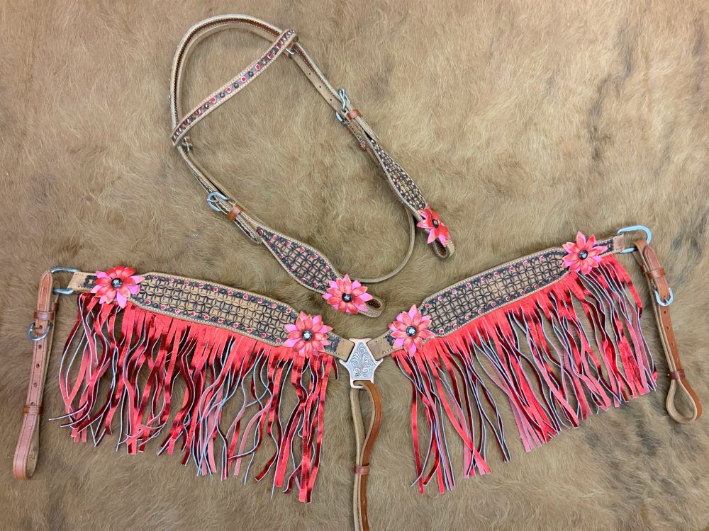 Painted Red Floral Fringe Headstall Set headstall set Shiloh   