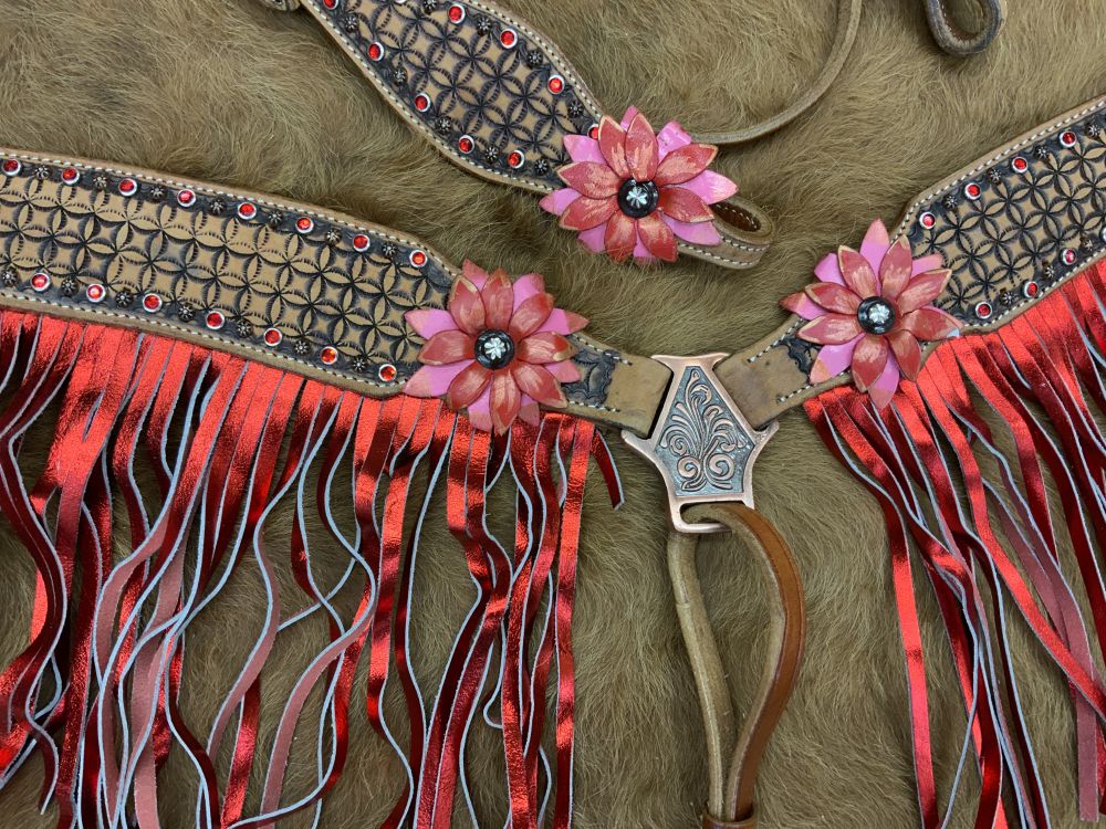 Painted Red Floral Fringe Headstall Set headstall set Shiloh   