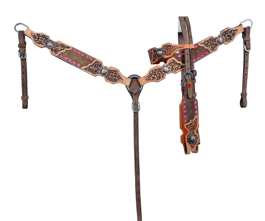 Chocolate Pink Buckstitch Headstall Set headstall set Shiloh   