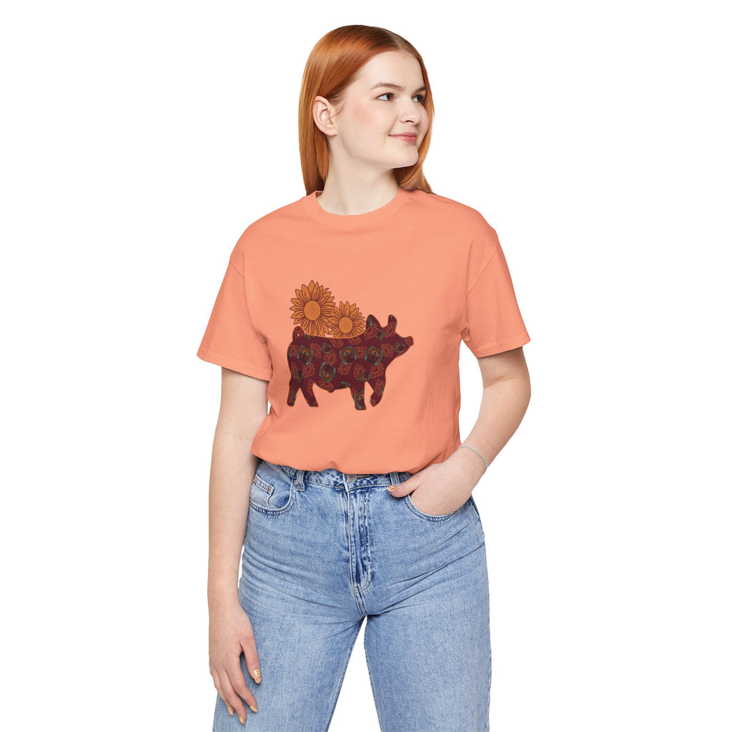 Burgundy Sunflower Show Pig Short Sleeve Graphic Tee T-Shirt Printify