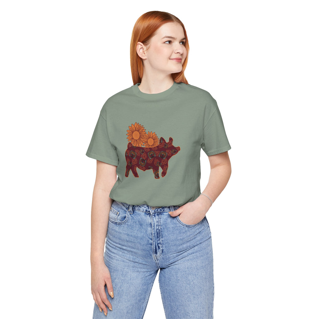 Burgundy Sunflower Show Pig Short Sleeve Graphic Tee T-Shirt Printify