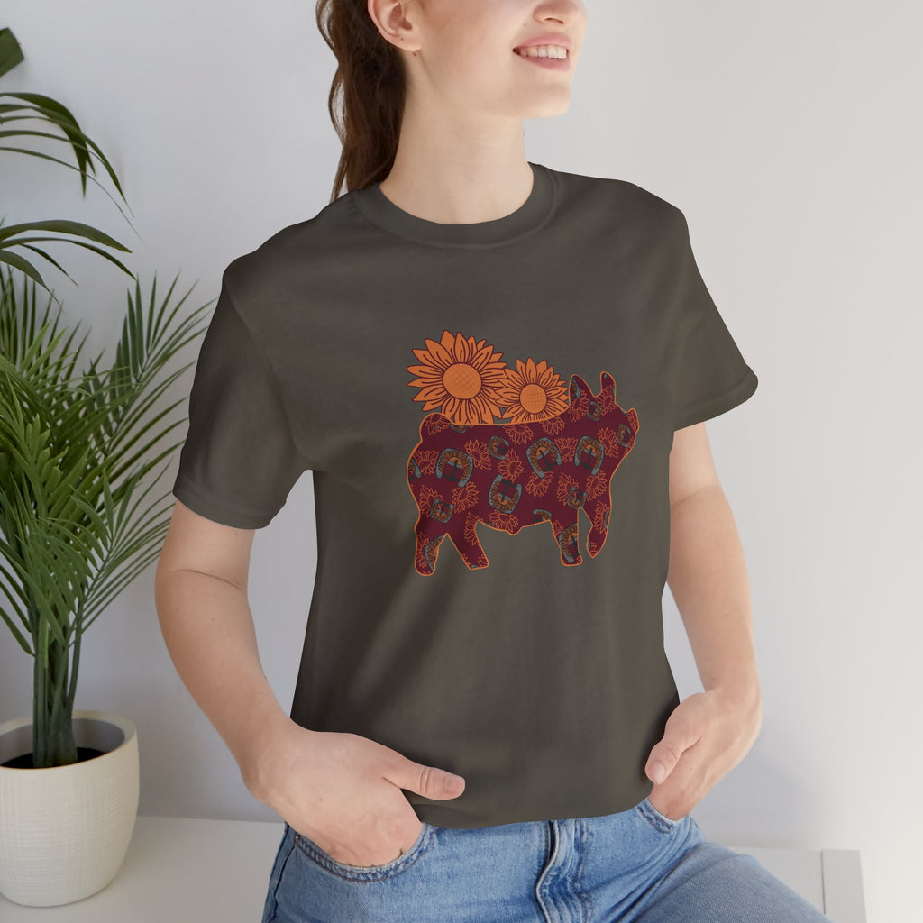 Burgundy Sunflower Show Pig Short Sleeve Graphic Tee T-Shirt Printify