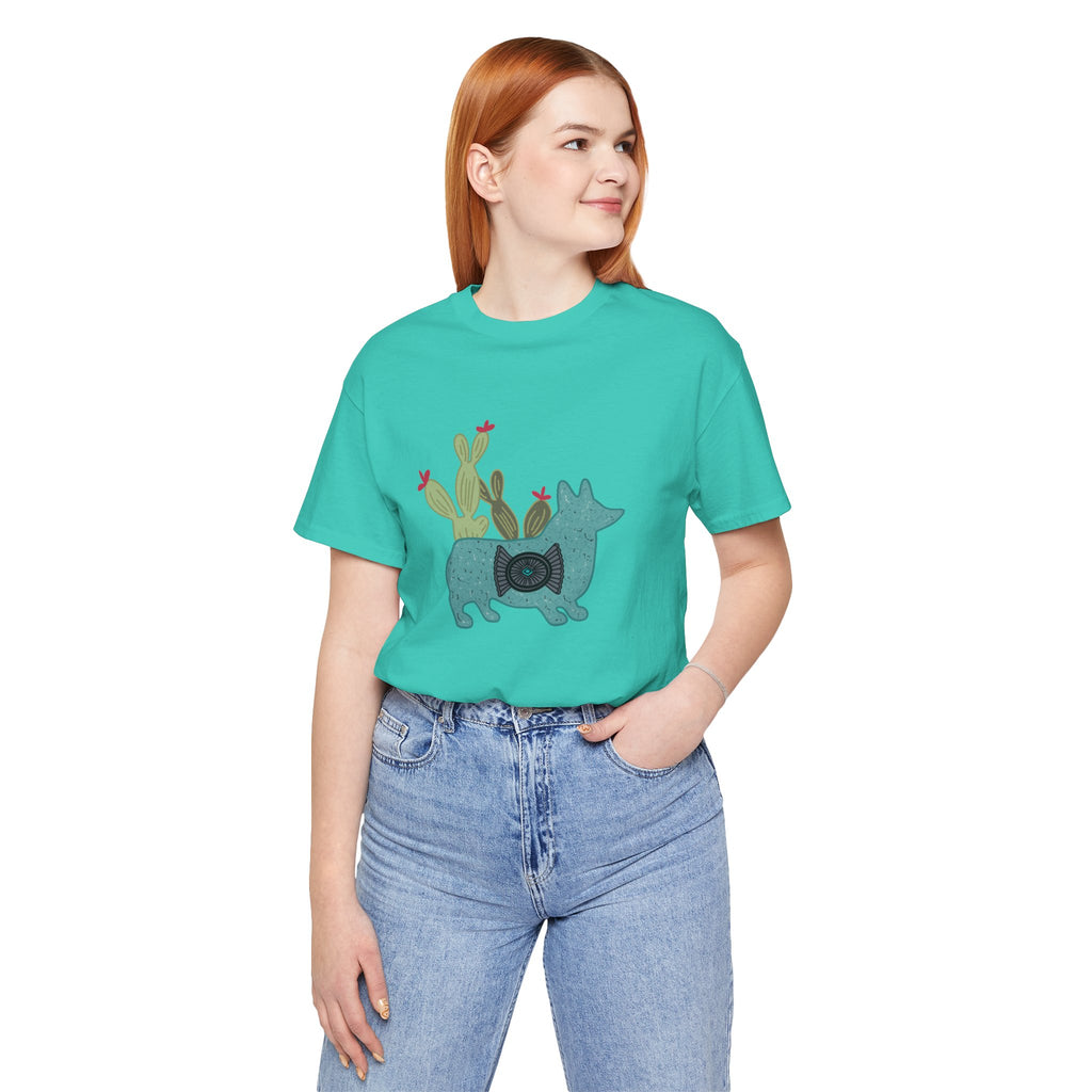 Turquoise Cactus Corgi Short Sleeve Graphic Tee [Multiple Colors] T-Shirt Printify