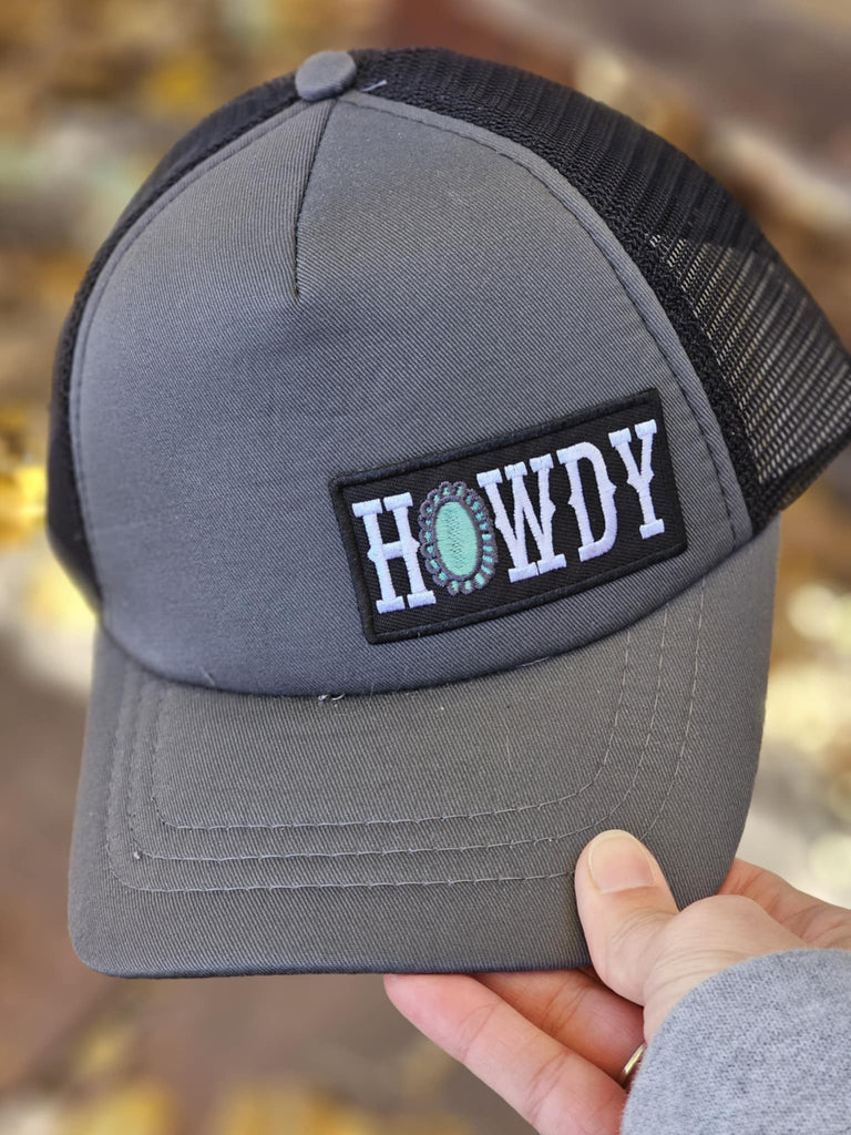 Howdy Patch Grey And Black Trucker Hat patch trucker hat The Cinchy Cowgirl