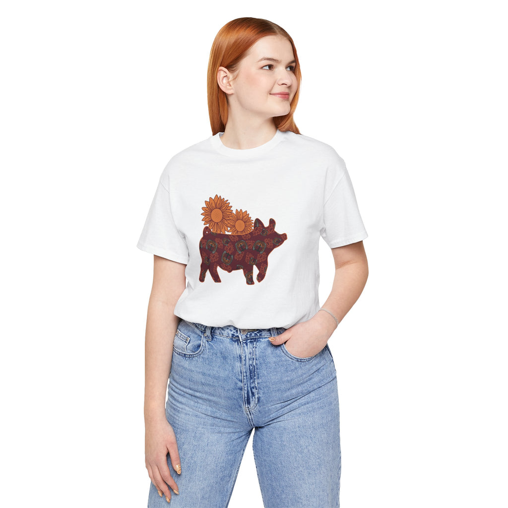 Burgundy Sunflower Show Pig Short Sleeve Graphic Tee T-Shirt Printify