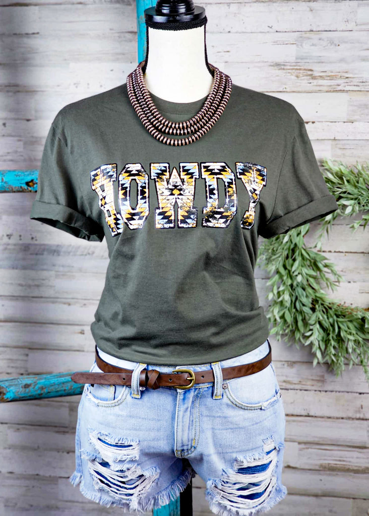 Aztec Howdy Army Green Graphic Tee tcc graphic tee The Cinchy Cowgirl