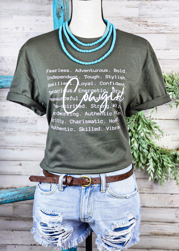 Army Green Cowgirl Graphic Tee tcc graphic tee The Cinchy Cowgirl