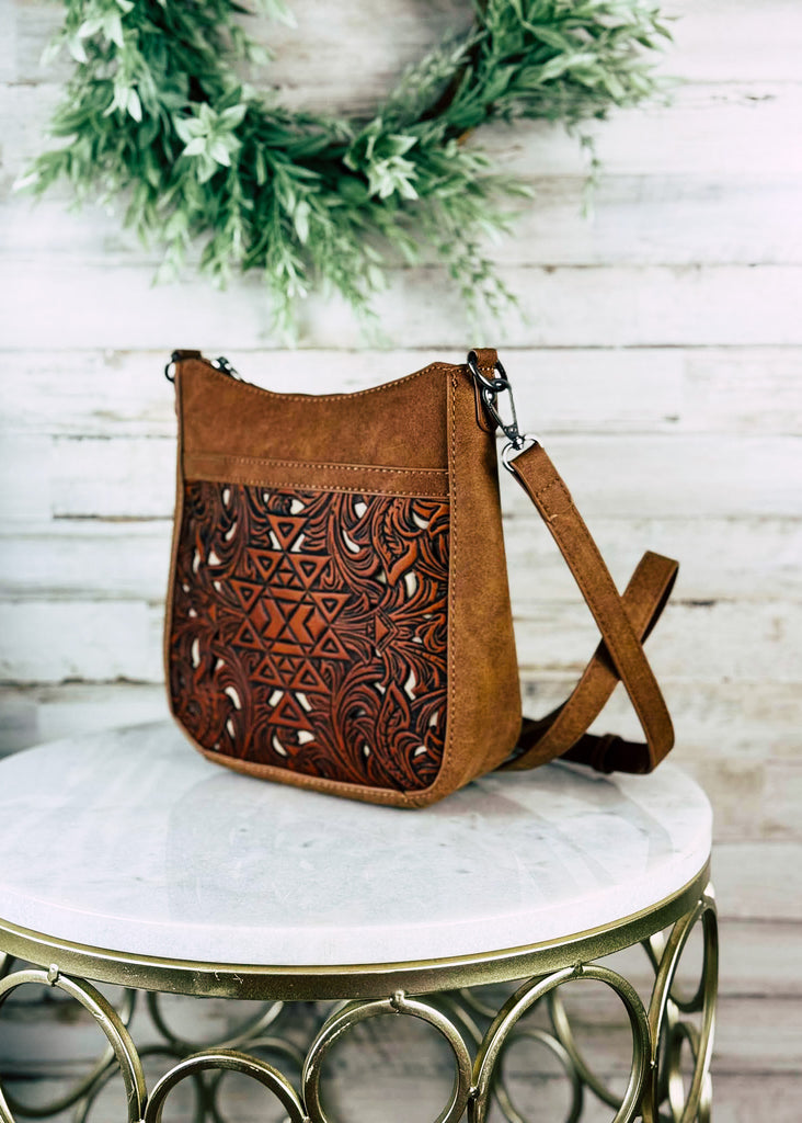 Aztec Brown Tooled Crossbody Handbag Crossbody Handbag Montana West