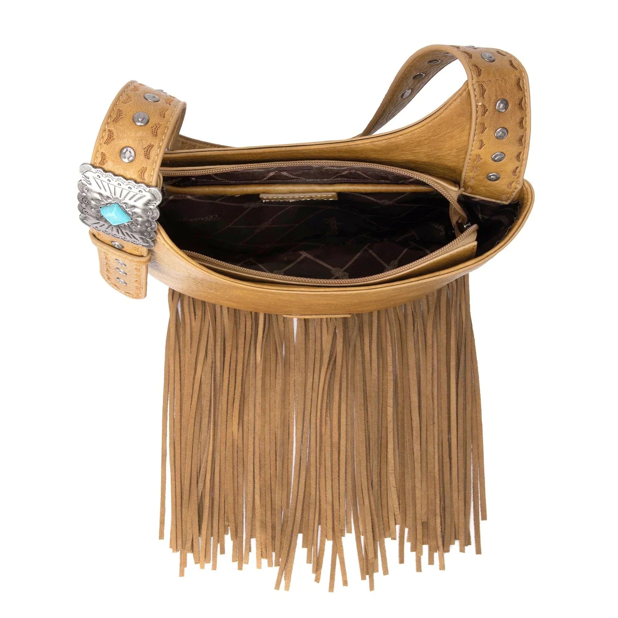 Concealed Carry Tan Turquoise Stone Concho Fringe Hobo