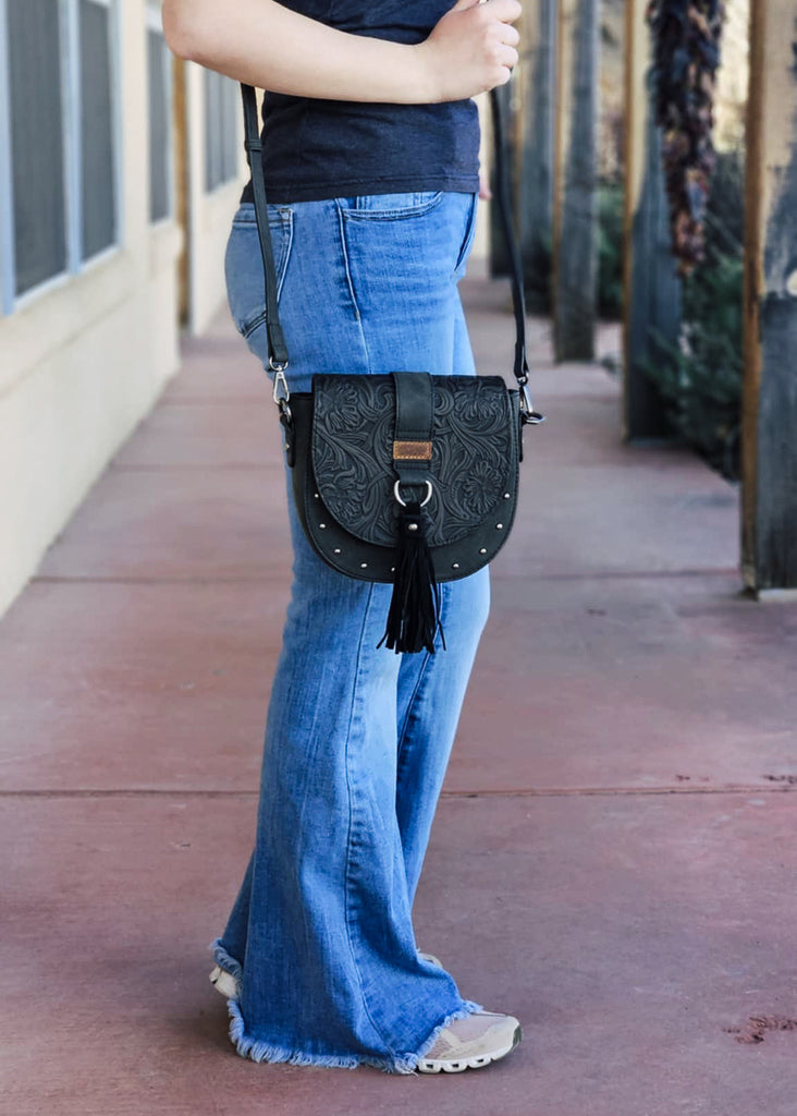 Black Tooled Western Saddle Handbag Crossbody Handbag Montana West