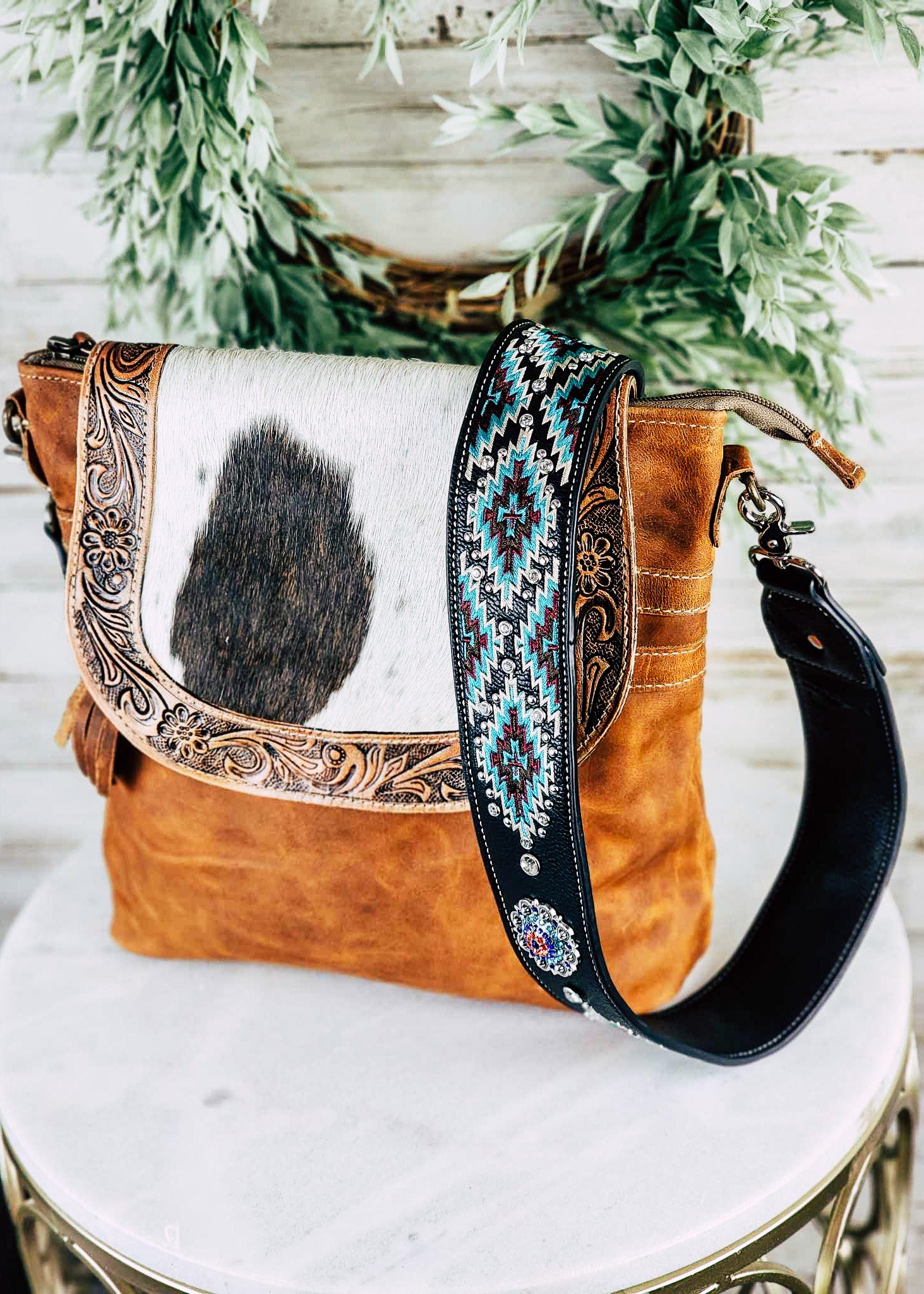 New Statement Bag! Cowhide, fringe and a bold belt buckle all in