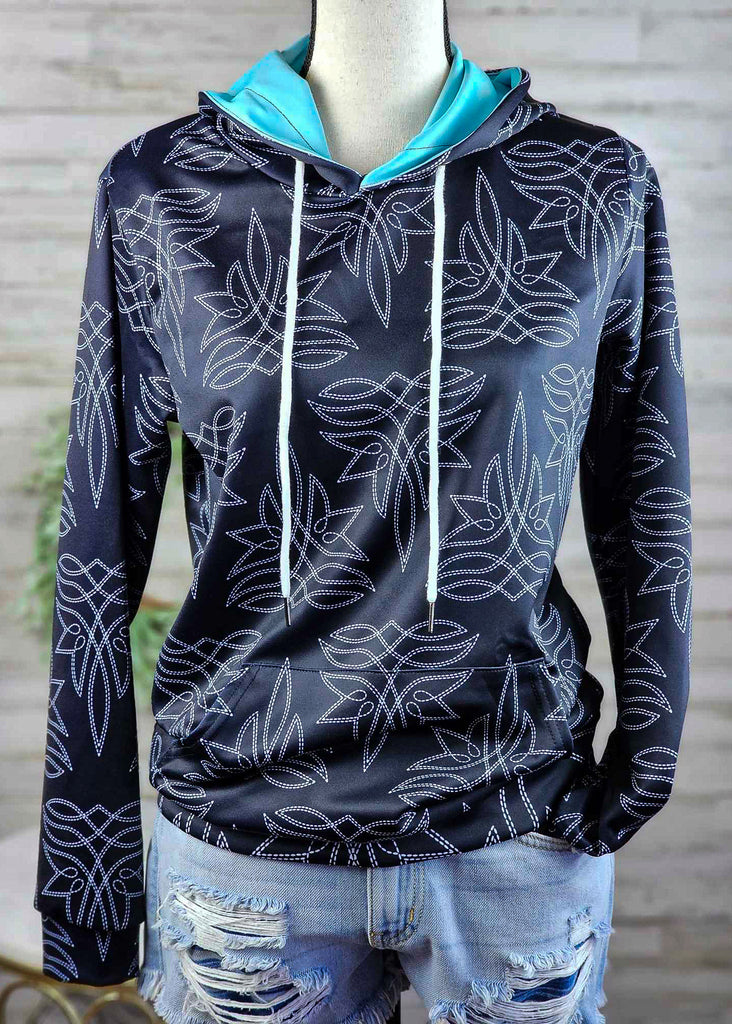 Black & Turquoise Boot Stitch Hoodie Women's Pullover Hoodie With Drawstring The Cinchy Cowgirl (YC)   