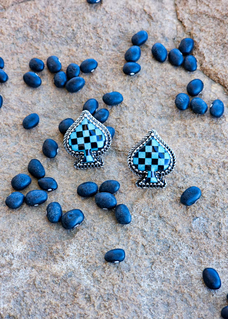 Blue Checkered Spade Earrings Earrings Blue Tortoise