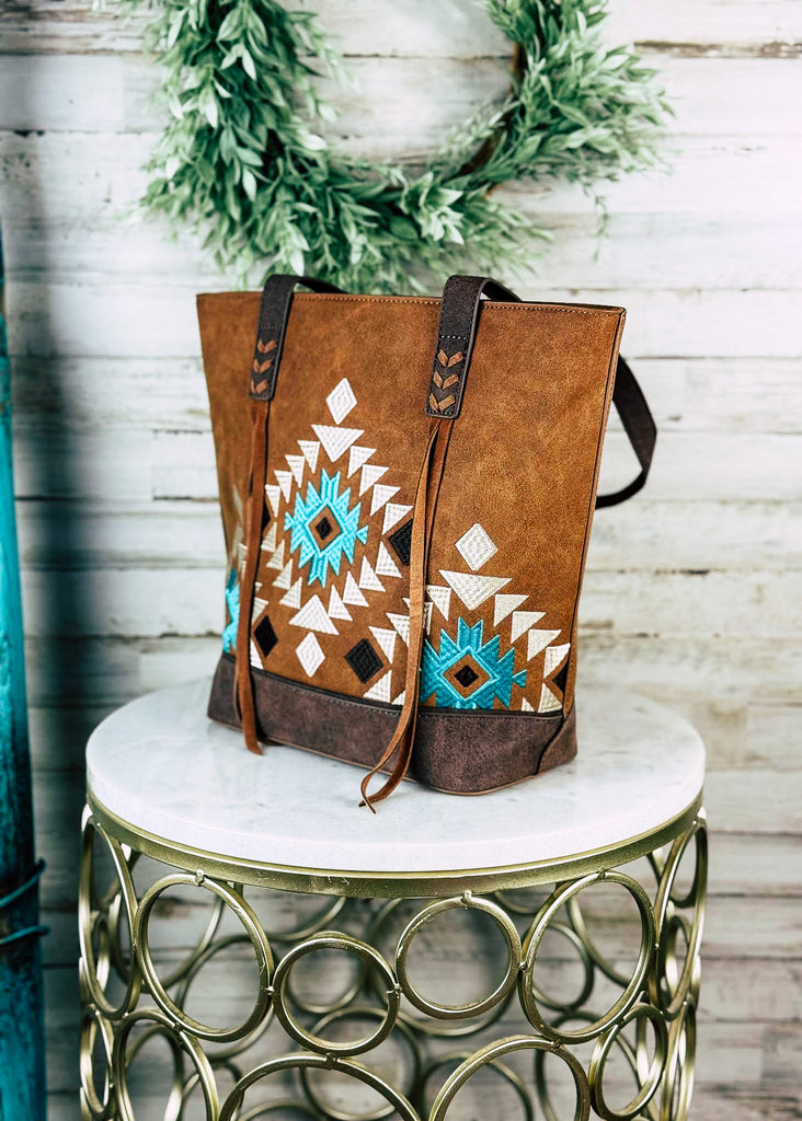 Brown Aztec Embroidered Tote Handbag Concealed Carry Handbag Montana West