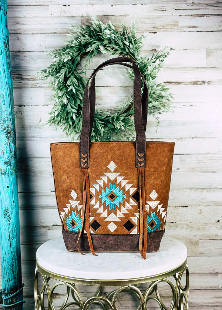 Brown Aztec Embroidered Tote Handbag Concealed Carry Handbag Montana West