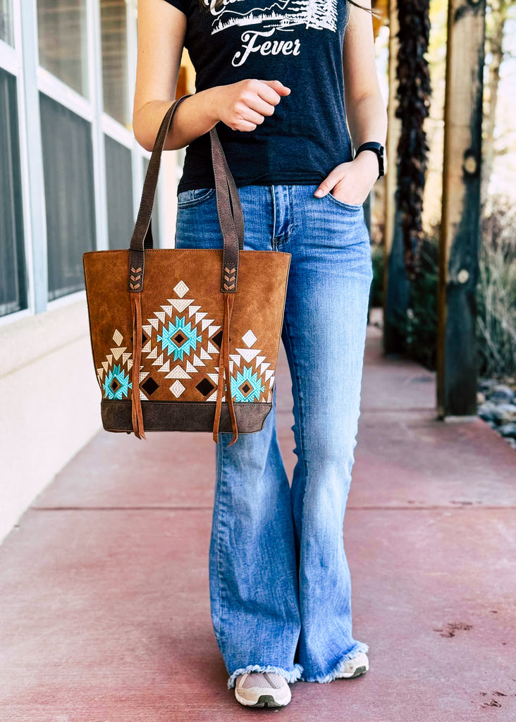 Brown Aztec Embroidered Tote Handbag Concealed Carry Handbag Montana West