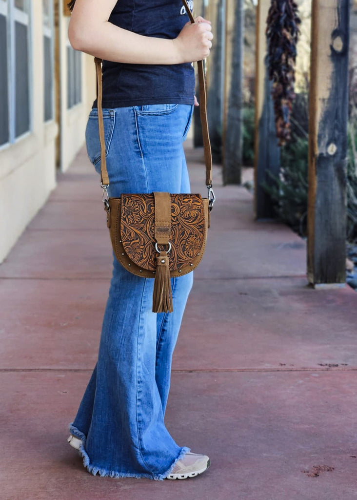 Brown Tooled Western Saddle Handbag Crossbody Handbag Montana West