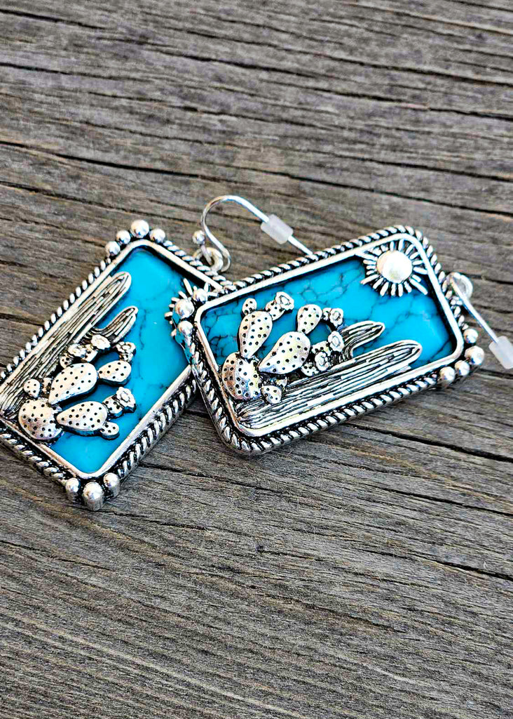 Cactus Cutout Rectangle Dangle Earrings Earrings Blue Tortoise