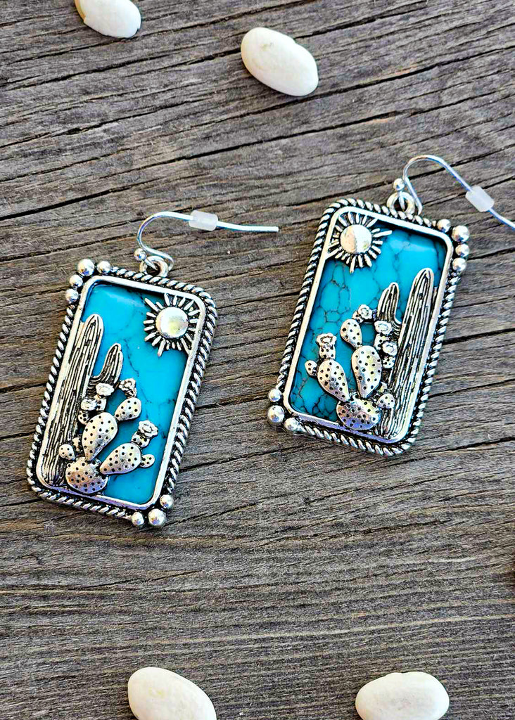 Cactus Cutout Rectangle Dangle Earrings Earrings Blue Tortoise