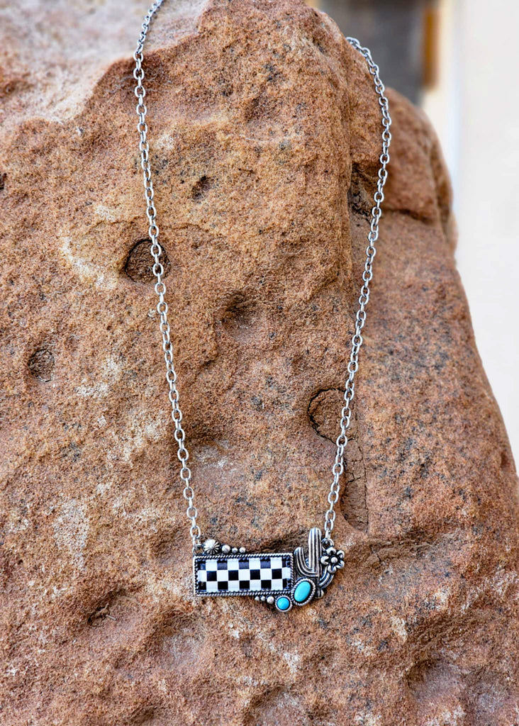 Checkered Cactus Bar Necklace Necklace Blue Tortoise