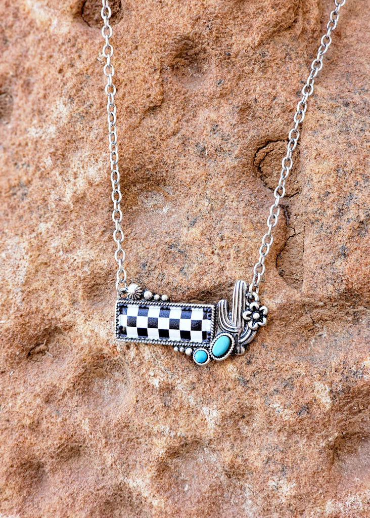 Checkered Cactus Bar Necklace Necklace Blue Tortoise