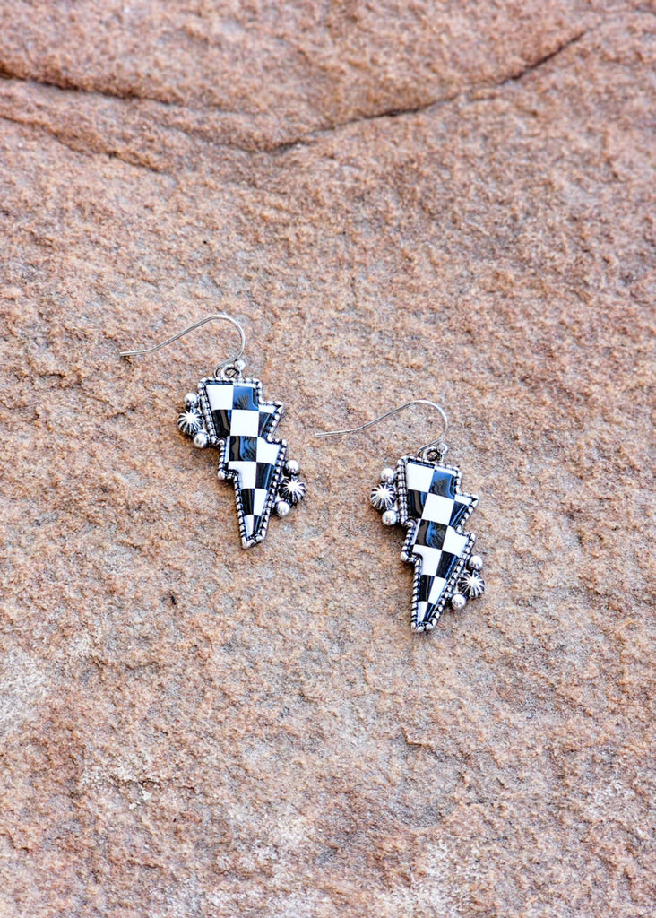 Checkered Lightning Bolt Earrings Earrings Blue Tortoise