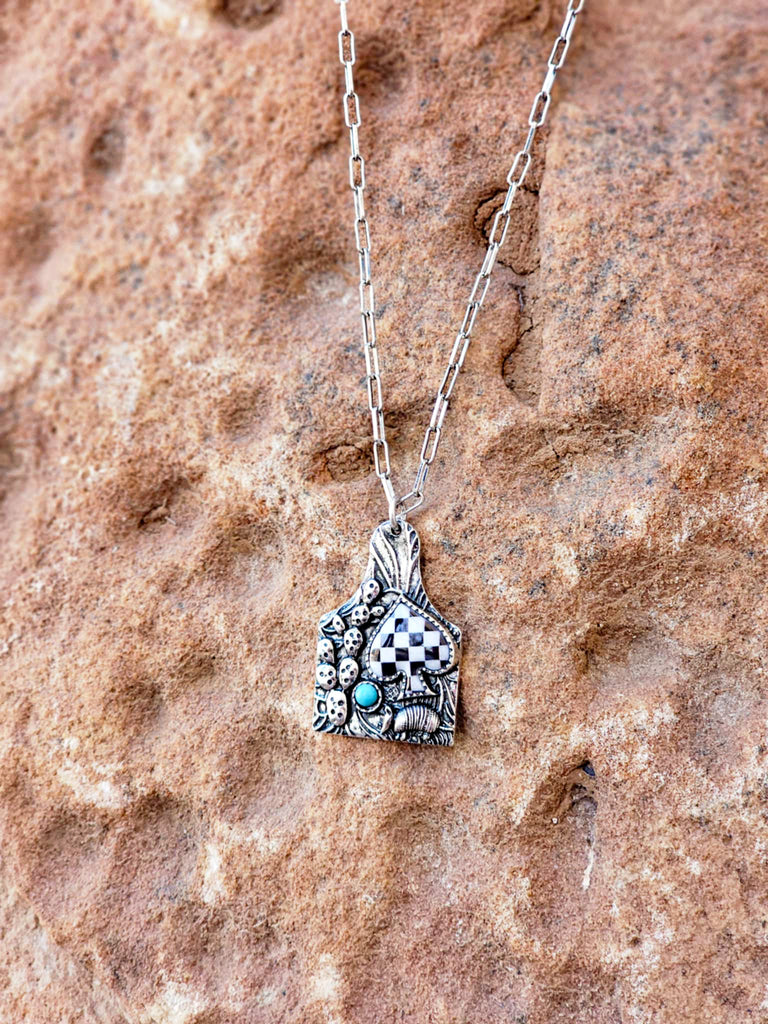 Checkered Spade Ear Tag Necklace Necklace Blue Tortoise