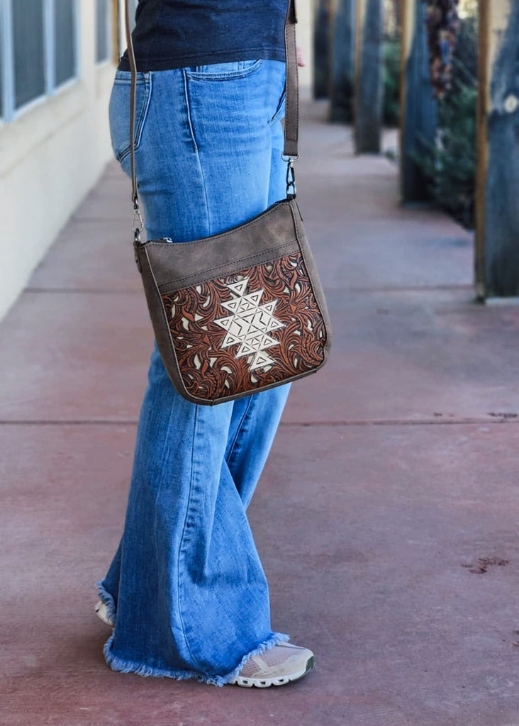 Coffee Aztec Tooled Crossbody Handbag Crossbody Handbag Montana West