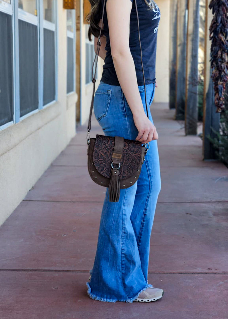 Coffee Tooled Western Saddle Handbag Crossbody Handbag Montana West