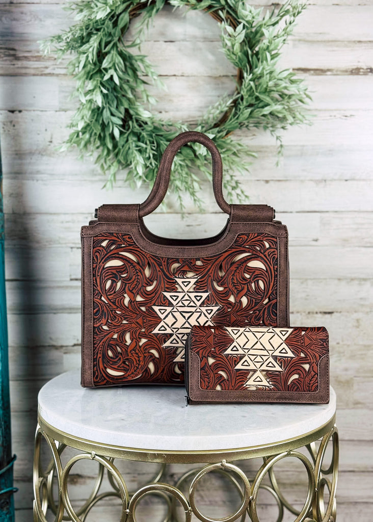 Concealed Carry Tooled Aztec Tote/Crossbody Handbag Wallet Set - COFFEE Concealed Carry Crossbody Handbag & Wallet Montana West