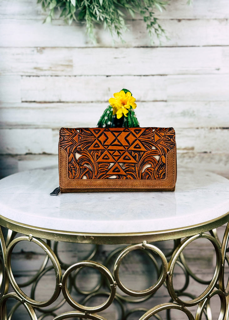 Brown Aztec Tooled Wallet Concealed Carry Crossbody Handbag & Wallet Montana West