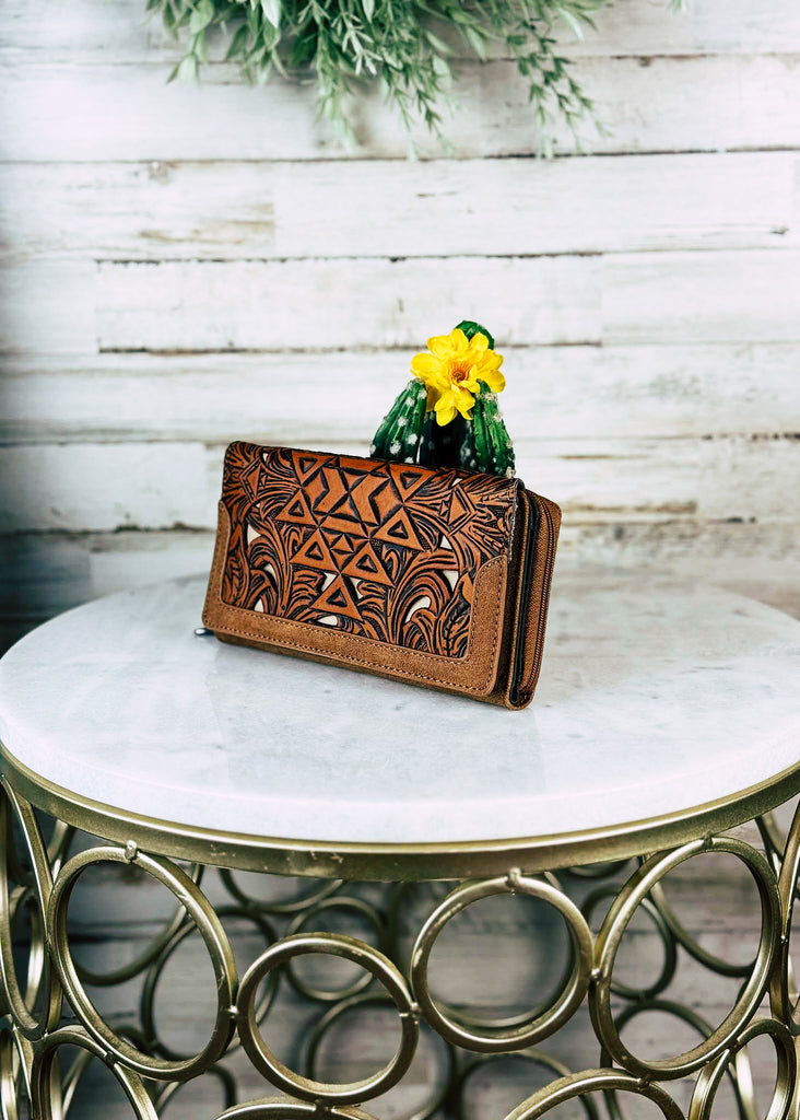 Brown Aztec Tooled Wallet Concealed Carry Crossbody Handbag & Wallet Montana West