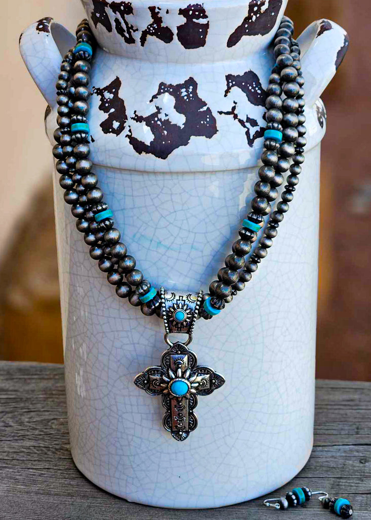 Cross Pendant Necklace And Earring Set Necklace Blue Tortoise