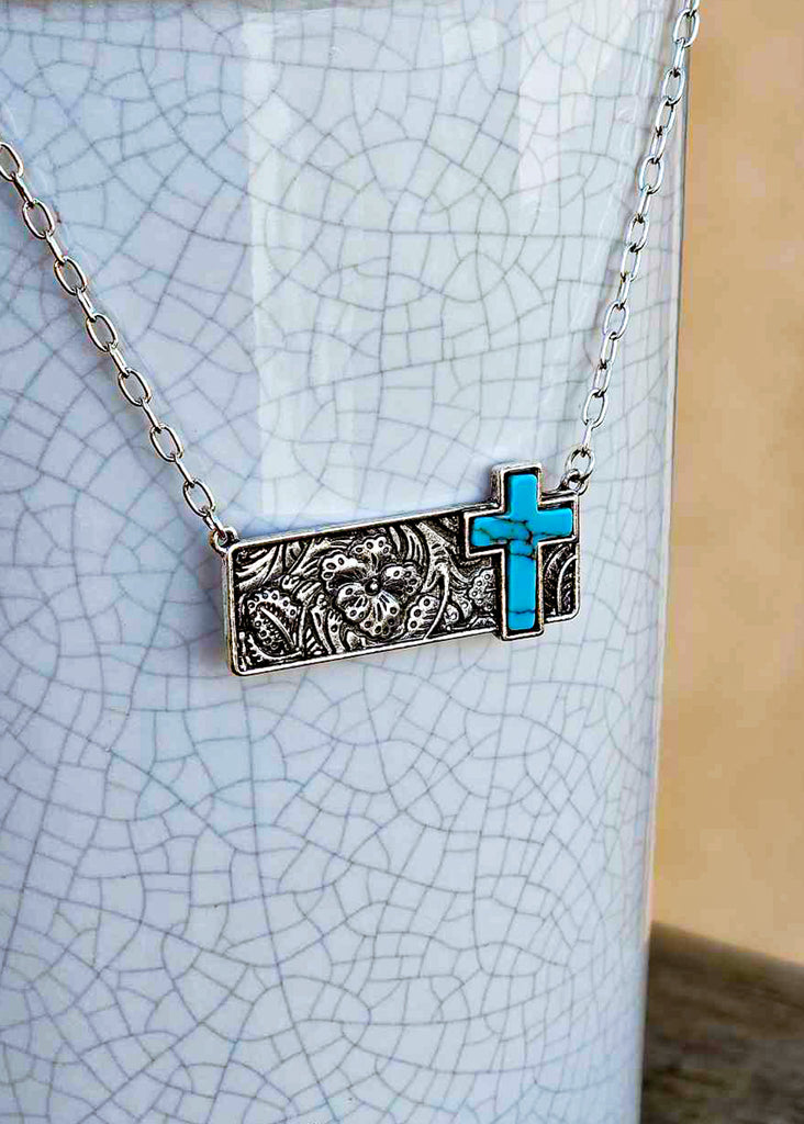 Cross Stone Bar Necklace Necklace Blue Tortoise