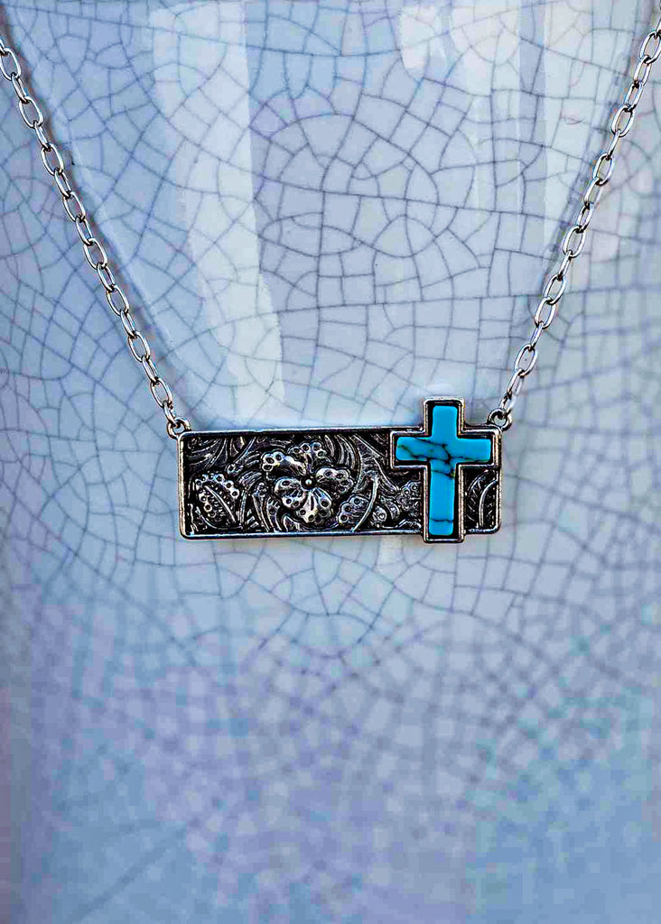 Cross Stone Bar Necklace Necklace Blue Tortoise