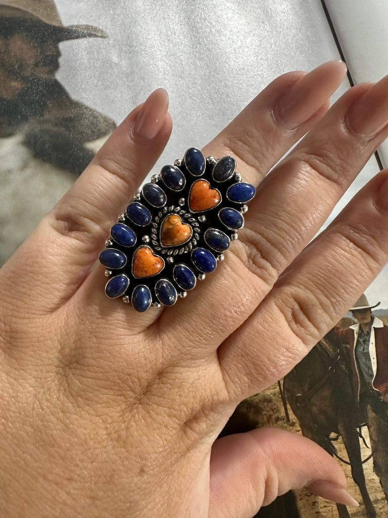 Handmade Orange Mojave, Lapis And Sterling Silver Adjustable Ring NT jewelry Nizhoni Traders LLC   