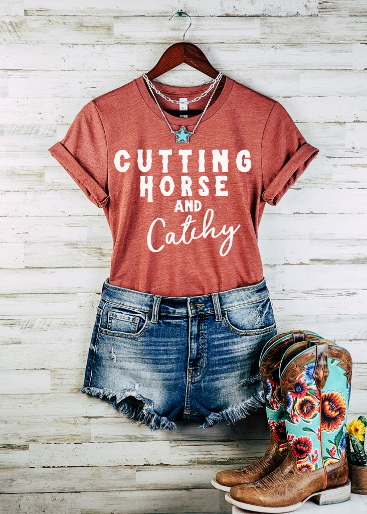 Cutting Horse & Catchy Short Sleeve Tee Horse Riding Discipline Tee Printify Heather Clay XS 