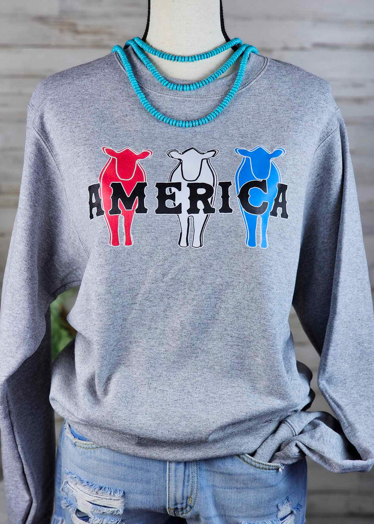 Heather Gray America Cow Pullover Sweatshirt Pullover The Cinchy Cowgirl   