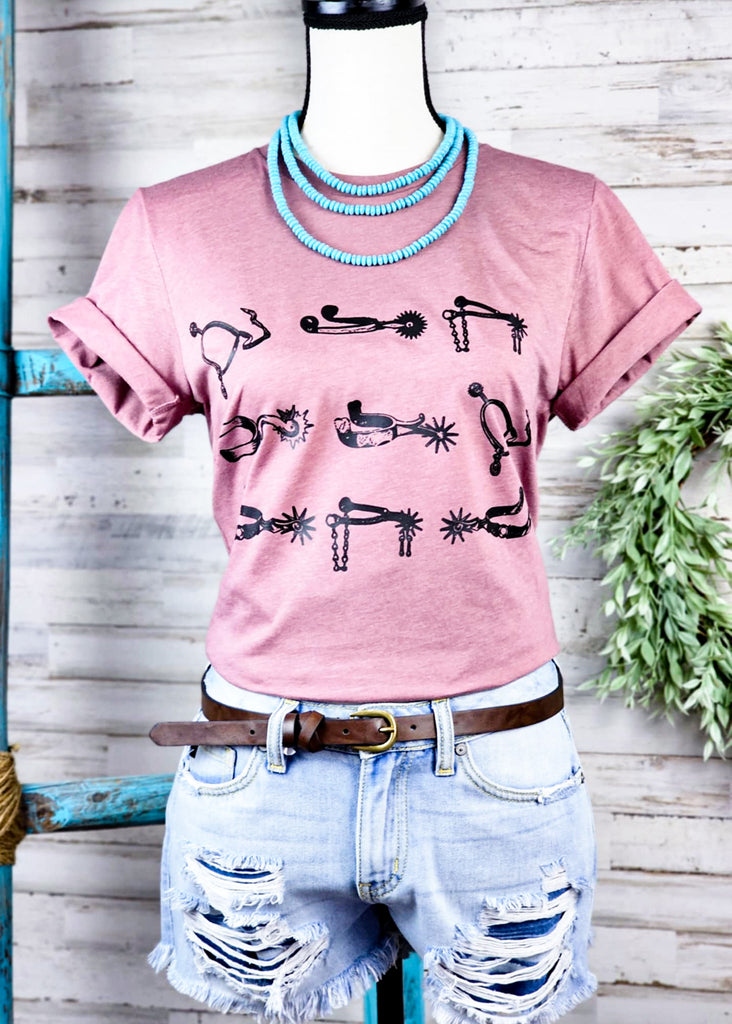 Heather Mauve Spurs Graphic Tee tcc graphic tee The Cinchy Cowgirl