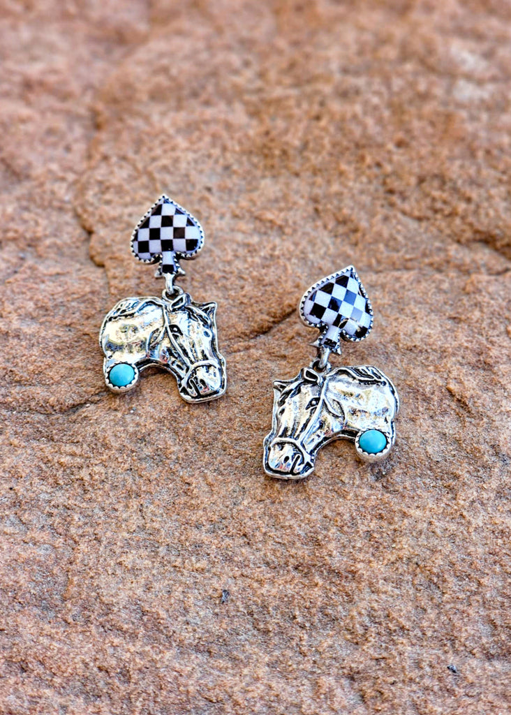 Horse Checkered Spade Earrings Earrings Blue Tortoise