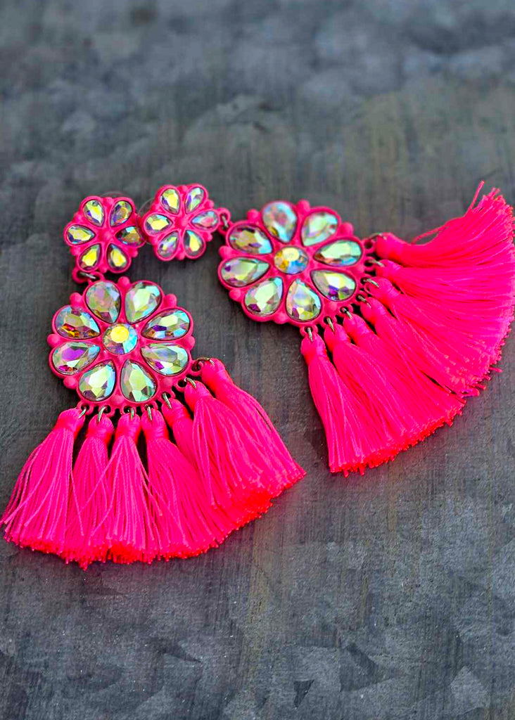 Pink Flower Concho Stone With Tassel Stud Earrings Earrings Blue Tortoise