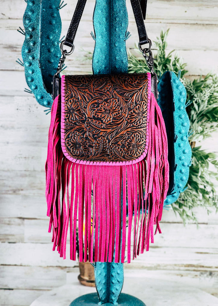 Country Hide & Tan Leather Floral Tooled Fringe Handbag – Cowgirl Barn &  Tack