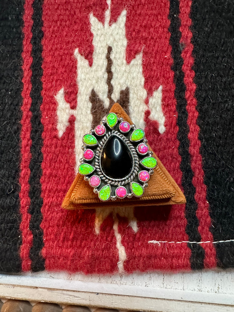 Nizhoni Handmade Adjustable Black Onyx, Pink & Green Fire Opal & Sterling Silver Ring Jewelry & Watches:Ethnic, Regional & Tribal:Native American:Rings Nizhoni Traders LLC