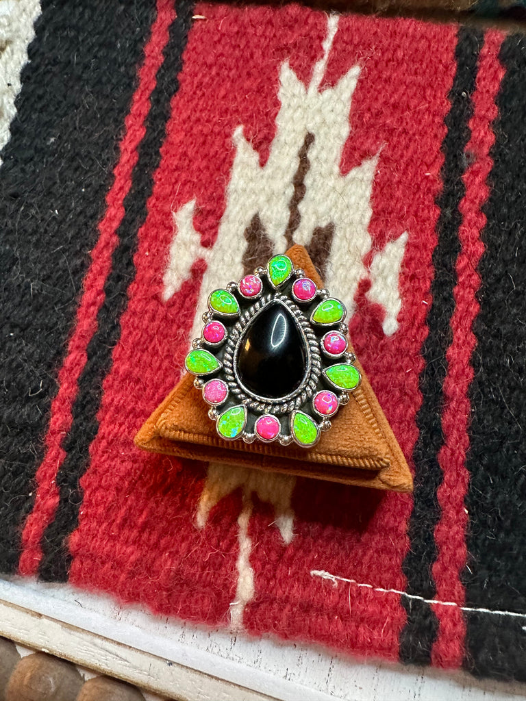 Nizhoni Handmade Adjustable Black Onyx, Pink & Green Fire Opal & Sterling Silver Ring Jewelry & Watches:Ethnic, Regional & Tribal:Native American:Rings Nizhoni Traders LLC